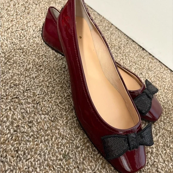 Kate Spade Patent Leather Ballet Burgandy with a Black Bow - Picture 5 of 9